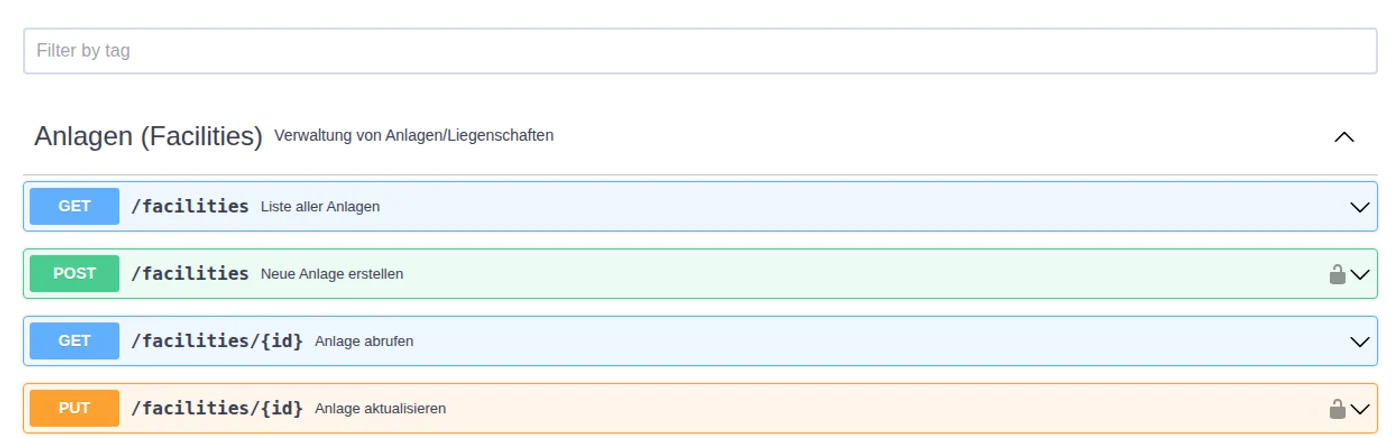 Die interaktive API-Dokumentation mit Endpunkten für Anlagen