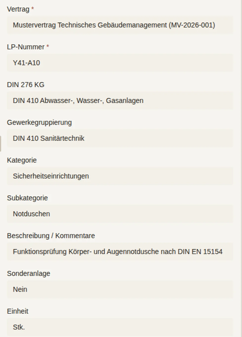 Stammdaten einer Leistungsposition mit LP-Nummer, DIN-276-Gliederung und Einheit