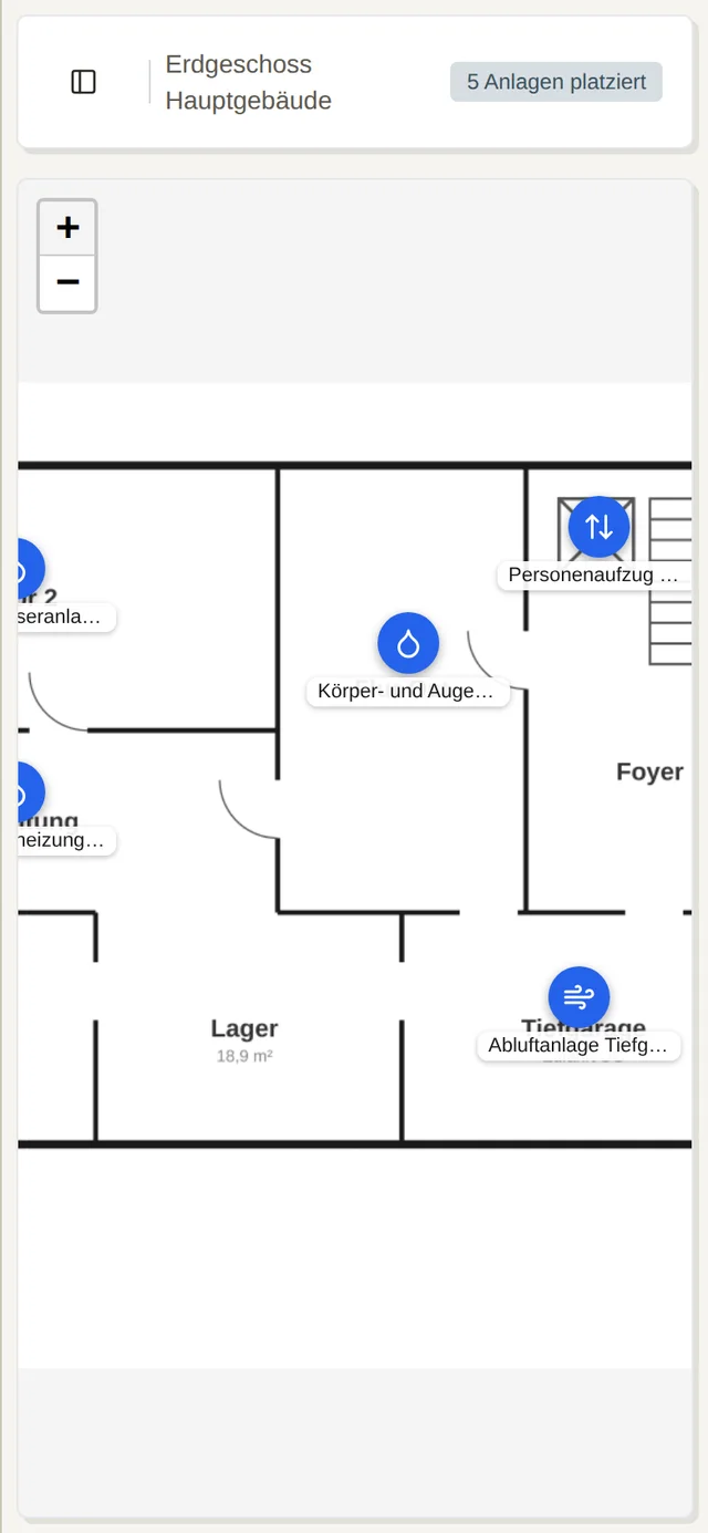 Der Grundriss am Telefon mit Markern und Anlagennamen