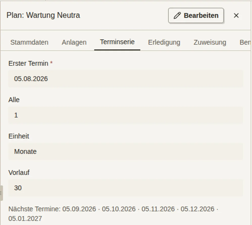 Das Terminserien-Feld eines Wartungsplans: erster Termin, Rhythmus, Vorlauf und die nächsten Termine